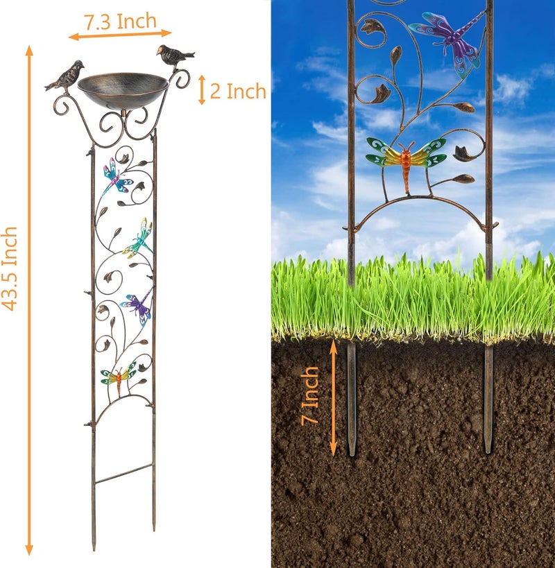 LEWIS&WAYNE Garden Trellis Bird Bath Outdoor, 40 Inch Antique Iron Garden Plant Trellis Decorative with Dragonfly and Detachable Drinking Basin Bowl, Free Standing BirdBath Birdfeeder Station - Image 2